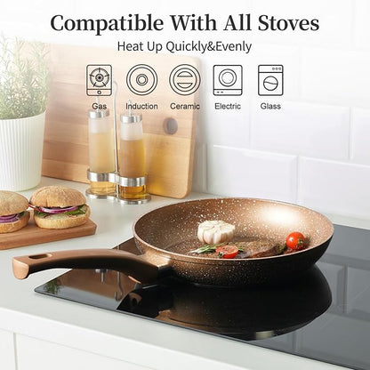 Innwewell Non Stick Frying Pan - Granite Stone Non Stick Skillet Frying Pans, Safe&No Toxic Egg Omelette Frying Pan, Small Nonstick Cookware Cooking Pan, Induction Compatible, PFOA Free(8inch, Gold)