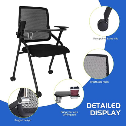 Updated Conference Room Chairs with Tablet Arm, Folding Office Desk Chair with Lumbar Support and Sliding Armrest with Casters, Stackable Office Guest Chairs & Reception Chairs, 1 Pack Black