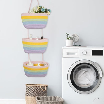 TeoKJ Over the Door Hanging Basket, 3-Tier Woven Cotton Wall-Mounted Storage Organizer Bag Decorative Hanging Nursery Baskets, Rainbow