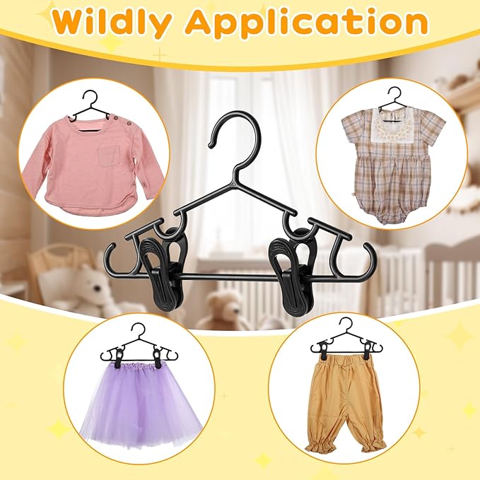 Hsei 5/10/40 Pack Baby Hangers with 10/20/80 Clips, Plastic Kids Pants Hangers for Nursery Closet Top and Bottom Clothes Hanger Set for Newborn Infant Toddler(15 Packs Total,Black,10.6 Inch)