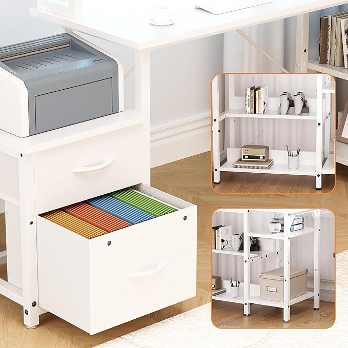 Office Desk L Shape with File Drawers&Power Outlet,YOUNGAR 69.3 Inch Reversible L Shaped Computer Desks,Corner L Shape or Long Desk Set up Monitor Stand &Storage Shelves LED Lights&CPU Stand,All White
