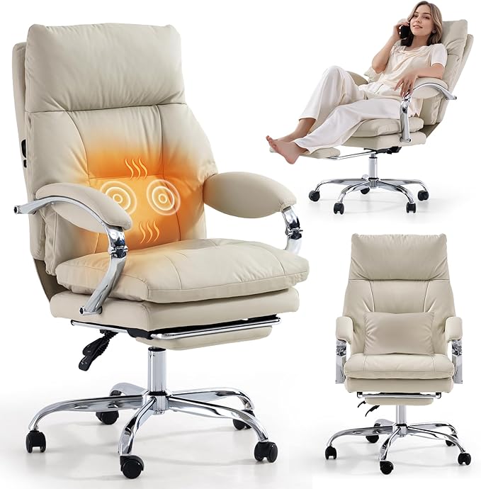 LEAGOO Heated Massage Office Chair with Foot Rest, Reclining Ergonomic Executive Office Chair with Massager for Lower Back, High Back PU Leather Comfy Heated Computer Desk Chair with Wheels, White