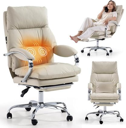 LEAGOO Heated Massage Office Chair with Foot Rest, Reclining Ergonomic Executive Office Chair with Massager for Lower Back, High Back PU Leather Comfy Heated Computer Desk Chair with Wheels, White