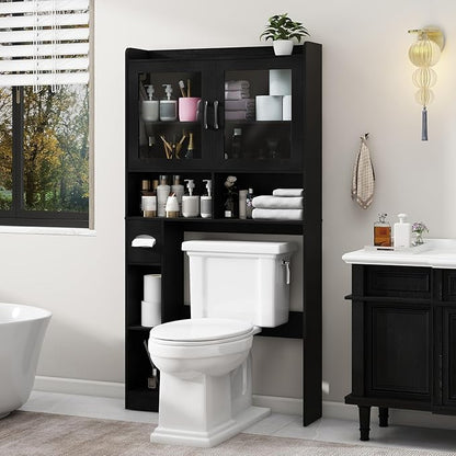 Vabches Over-The-Toilet Storage Cabinet, Farmhouse Style with 2 Acrylic Waves Doors, Space-Saving Home Storage Rack for Restroom, Bathroom and Laundry Room.Black.