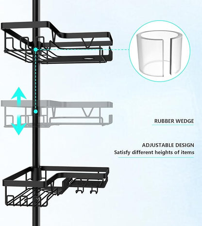 DAOYA Corner Shower Caddy Tension Pole - 4 Tier Stainless Steel Rustproof Shower Corner Caddy for Bathtub Bathroom Shower Organizer Shelves Adjustable Pole 25-114.2 Inch Black