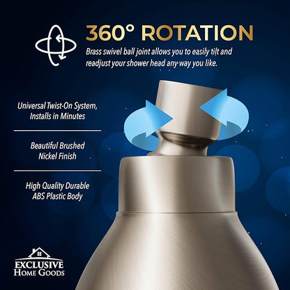 High Pressure Shower Head - Brushed Nickel - Powerful Deluxe Bathroom Showerhead with Strong Spray Stream and Small Silicone Nozzles - Universal Fit Works with High and Low Water Flow Showers-2.5 GPM