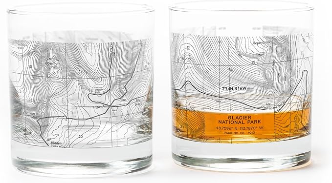 Whiskey Glasses - Glacier National Park Topographic Map Rock Glass Set - Two 11oz. Drinking Glasses
