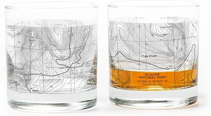 Whiskey Glasses - Glacier National Park Topographic Map Rock Glass Set - Two 11oz. Drinking Glasses