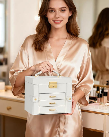TORIBIO Jewelry Box for Women, Leather Jewelry Organizer with Mirror & Lock, 4-Tier Jewelry Storage Organizer with 3 Drawers for Girls/Women/Mothers, Necklace Earring Bracelets Holder Organizer