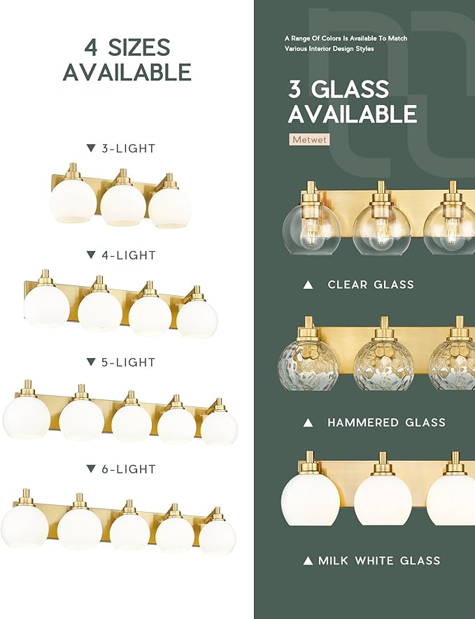 Bathroom Light Fixtures, 5-Light Brushed Gold Bathroom Vanity Lights Over Mirror with Globe Milk White Glass Shade, 32 Inch Modern Vanity Lighting Fixtures, VL195-BG-ML-5