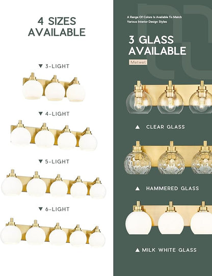 Bathroom Light Fixtures, 5-Light Brushed Gold Bathroom Vanity Lights Over Mirror with Globe Milk White Glass Shade, 32 Inch Modern Vanity Lighting Fixtures, VL195-BG-ML-5
