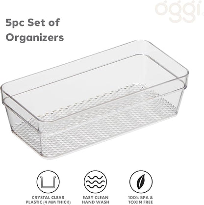 Oggi Set of 5 Clear Drawer Organizers - (1) 3x6.25, (2) 3x9.5, (2) 3x12.5 - Ideal for Organizing Kitchen Drawers, Office, Desk, Silverware, Kitchen Utensils, Cosmetics and Bathrooms