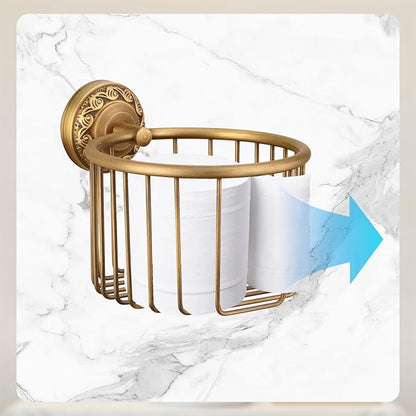 Vintage Wall-Mounted Toilet Paper Holder with Wire Basket Design, Antique Brass, Wall-Mounted Bath Hand Towel Holder with Braiding Carvings, Vintage Style.