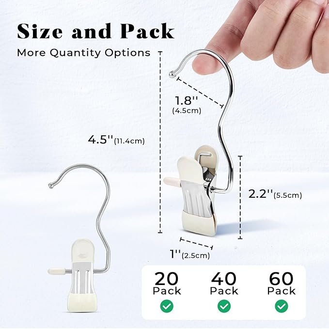 Legging Organizer for Closet, Yoga Pants Hangers 20 Pack Hanging Chip Clips Clothes Pins Holds Leggings, Space Saving Hanger Closet Organizers and Storage for Workout Sets, Hat, Bag - Ivory White