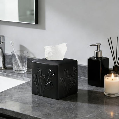 Black Ceramic Tulips Tissue Box Cover - Modern Square Decorative Organizer for Facial Tissues, Farmhouse Style Home Decor for Bathroom, Bedroom, Living Room & Office
