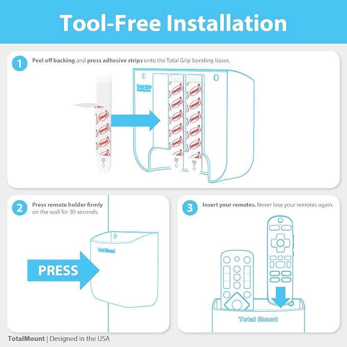 TotalMount Hole-Free Remote Holders – Eliminate Need to Drill Holes in Your Wall (for 2 or 3 Remote Controls – White – Quantity 2)
