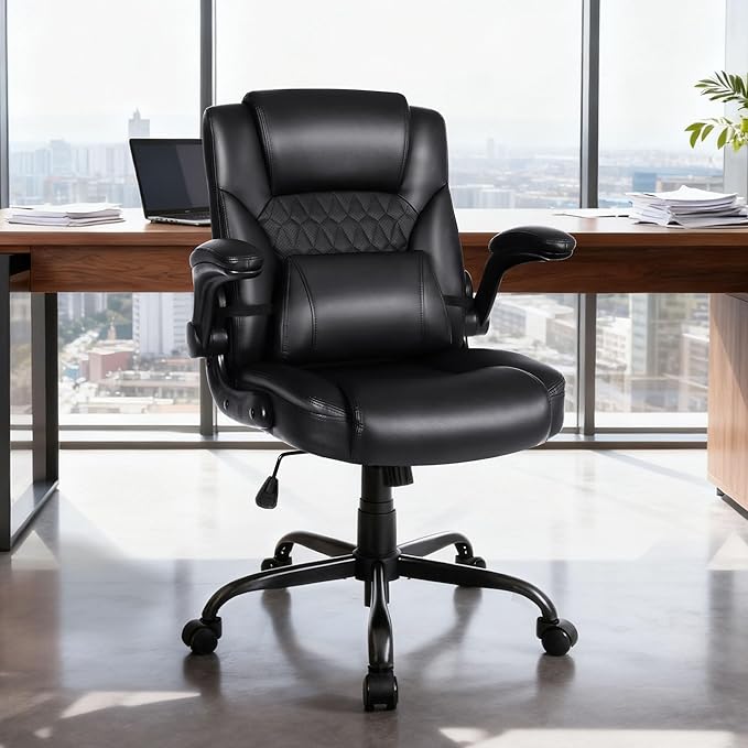 Home Office Chair with Lumbar Support, 5" Thickened Seat, Small PU Leather Rocking Desk Chair, Comfy Computer Chairs with Rolling Wheels & Adjustable Armrests for Adults, Black