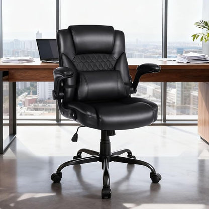 Home Office Chair with Lumbar Support, 5" Thickened Seat, Small PU Leather Rocking Desk Chair, Comfy Computer Chairs with Rolling Wheels & Adjustable Armrests for Adults, Black