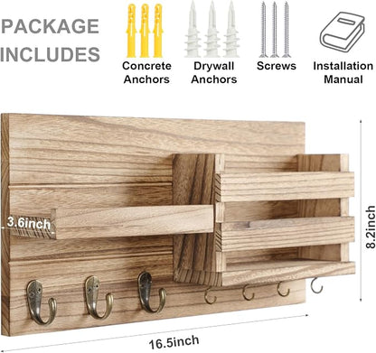 Lwenki Mail Organizer for Wall Mount – Key Holder with Shelf Includes Letter Holder and Hooks for Coats, Dog Leashes – Rustic Wood with Flush Mounting Hardware (16.5” x 8.7” x 3.5”) (Wood)