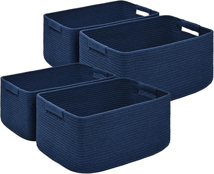 4 Pack Large Storage Basket for Organizing, 17.5"x13.5"x7.5" Woven Basket for Shelves, Closet Cube Storage Bins with Wrapped Handle, Cotton Rope Baskets for Kitchen, Clothes, Toys(Navy Blue)