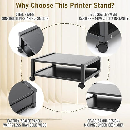 Zonon 2 Tier Printer Stand Under Desk with Lockable Wheels 19.7x15.7x7.9 Inch Rolling Printer Table Cart Under Desk Short Movable Storage Shelf for Home Office Organization(Open Shelf Style,Black)