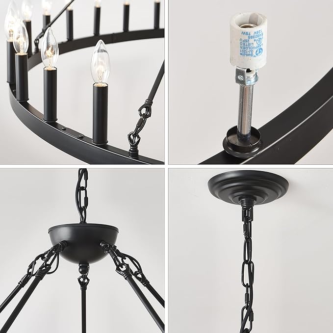 53 Inch Black Extra Large Wagon Wheel Chandelier, 30-Lights Farmhouse Industrial Round High Ceiling Pendant Light Adjustable Chain, for Dining Room, Living Room