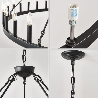53 Inch Black Extra Large Wagon Wheel Chandelier, 30-Lights Farmhouse Industrial Round High Ceiling Pendant Light Adjustable Chain, for Dining Room, Living Room