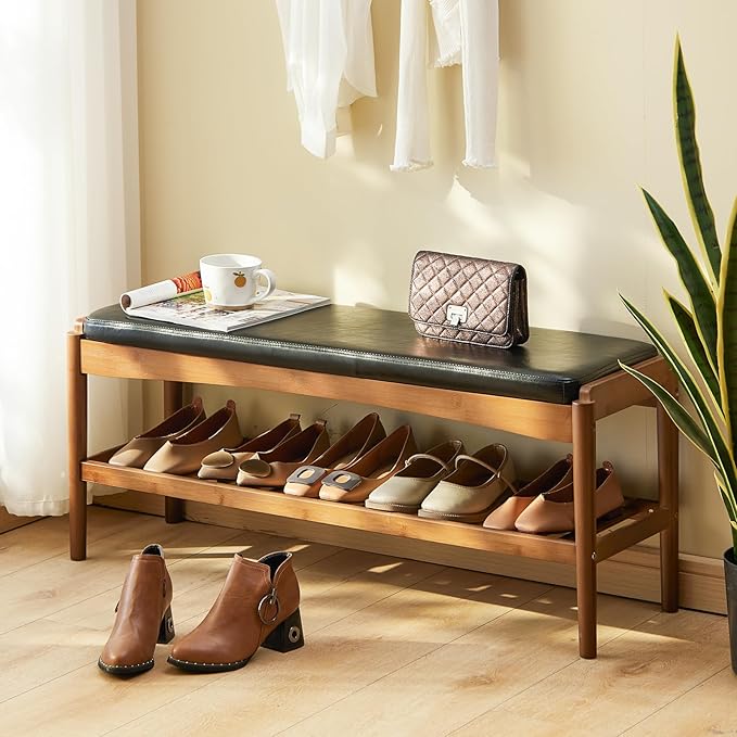 Shoe Rack Bench Entryway Bamboo Shoe Storage Bench with Leather Cushion 2 Tiers Shoe Rack Entryway Bench for Hallway, Living Room,Bedroom(Black Bench top+Brown Frame)