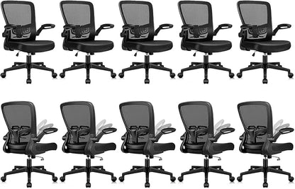 Desk Chairs with Wheels, Ergonomic Mesh Office Chair Adjustable Height and Swivel Lumbar Support Home Office Chair with Flip Up Armrests, Set of 10