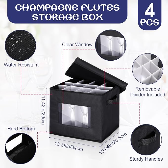 Uiifan 4 Pcs Champagne Flute Storage Box with Dividers 12 Compartment Stemware Storage Cases China Container Box with Lid, Handles, PVC Window for Moving, Black