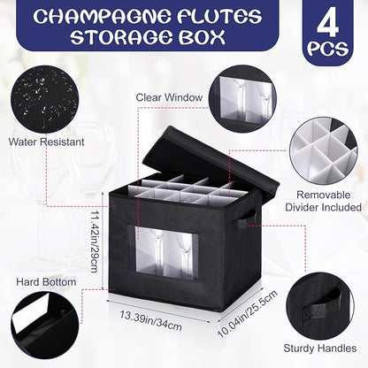 Uiifan 4 Pcs Champagne Flute Storage Box with Dividers 12 Compartment Stemware Storage Cases China Container Box with Lid, Handles, PVC Window for Moving, Black