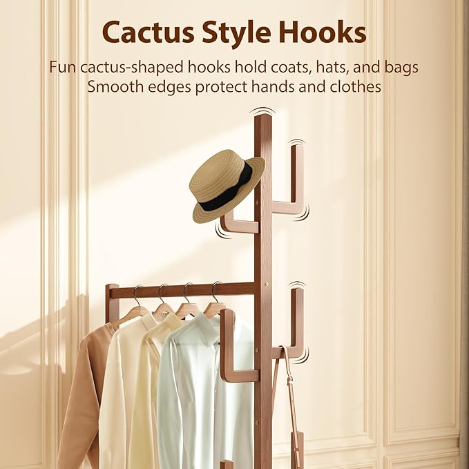 Solid Wood Clothing Rack, Rolling Clothes Racks for Hanging Clothes, Heavy Duty Garment Rack with Wheels, Hanging Rack with 6 Cactus Hooks and Storage Shelf, Easy Assembly, Walnut