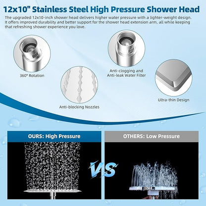 Hibbent All Metal cUPC Certified Shower Head, 12'' High Pressure Rainfall Shower Head, Handheld Showerhead Combo with 16'' Adjustable Extension Arm, 10 Sprays, 71'' Hose, Showerhead Holder, Chrome