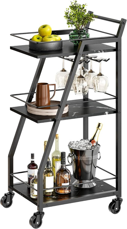 Bar Cart, Bar Cart for The Home, Small Bar Cart on Wheels, Beverage Cart, Home Bar Serving Cart with Glass Holder, Drink Cart for Bar, Kitchen, Marble Black and Black BC03BM