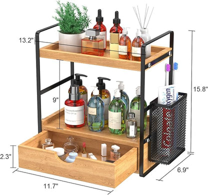 LEMIKKLE Bathroom Counter Organizer with Drawer and Basket,Wood Countertop Organizer for Bathroom Decor Makeup Tray for Perfume Skincare Bedroom Kitchen Corner
