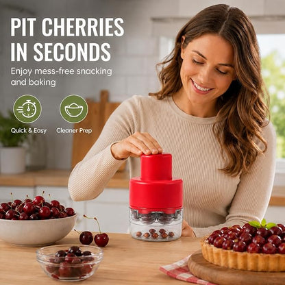 CUNSENR 7-in-1 Cherry Pitter Tool for 7 Cherries at Once, Large Capacity Cherry Corer & Cherry Seed Remover with Splash Guard, Easy Push Fruit Pitter for Cherries, Olives, Red Dates, Red