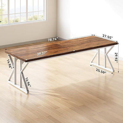 LITTLE TREE 78.7 Inch Large Executive Desk, Modern Computer Office Desk, Wooden Writing Desk Study Table for Home Office, Rustic Brown-White