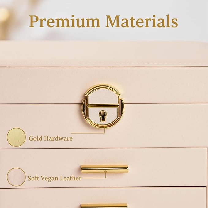 Jewelry Box for Women, Large Dresser Top Organizer with 3 Layers & 2 Drawers, PU Leather Storage Case for Earrings, Necklaces, Rings, Giftable Vanity Box (Cream white)