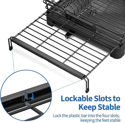 TOOLF Dish Drying Rack - Expandable Dish Rack, Large Capacity Dish Drainer for Kitchen Counter, Stainless Steel Dish Strainer with Cups Holder & Utensil Holder,Black