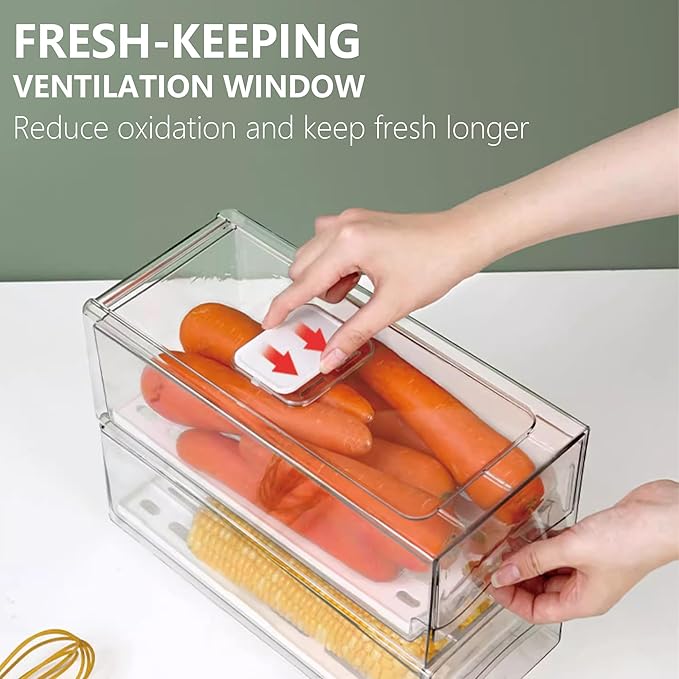 2 Pack Fruit Storage Containers for Fridge, Stackable Refrigerator Organizers and Storage,Reusable Storage ContainersClear Fridge Drawer for Produce,Vegetable in Home Kitchen, Restaurant,BPA-Free