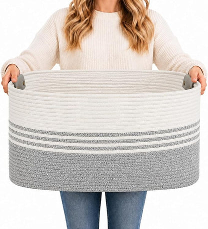 AINUOQI Laundry Basket with Handles - Blanket Basket & Hampers for Bedroom Aesthetic, Laundry Hamper & Blanket Storage for Living Room, Clothes Hamper, Tall, Large 21.7" x 16.9" x 11.8”, Grey