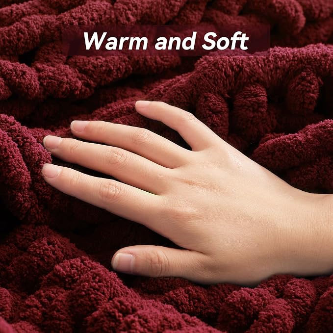 Negwoo Chunky Knit Throw Blanket, 50''*60'' Knitted Throw Chenille Yarn for Bed Couch, Handmade Red Crochet Big Thick Blanket, Machine Washable Cute Comfy Blanket for Home Decor