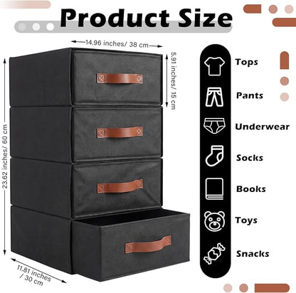 Windyun 4 in 1 Stackable Storage Drawers Closet Organizer with Dividers for Socks Underwear Bras Scarves Ties Large Dresser Organizer Bins Foldable Clothes Storage Boxes, 12 x 15 x 6 Inch(Black)