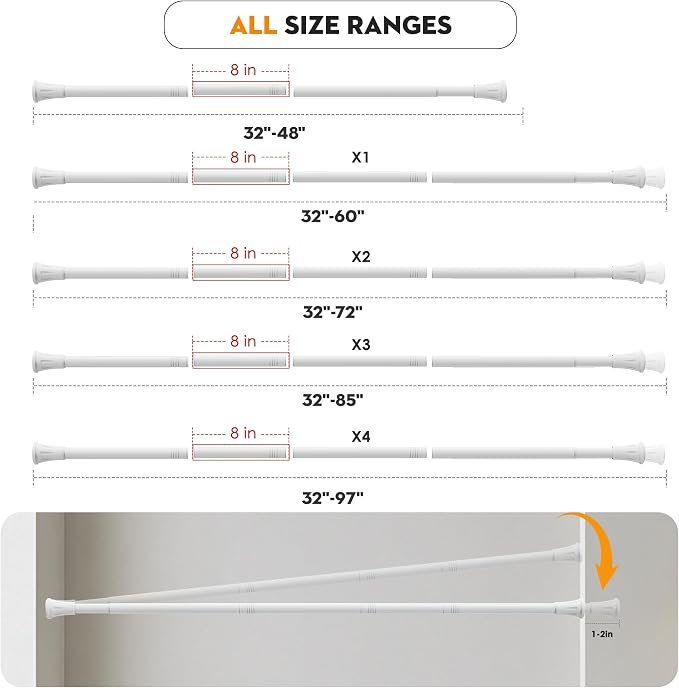 1.1 Inch Diameter Tension Closet Rods for Hanging Clothes 32-60 Inch, Adjustable Pole Closet to Hang Clothes, Heavy Duty Closet bar for Wardrobes with No Drilling Holder, White