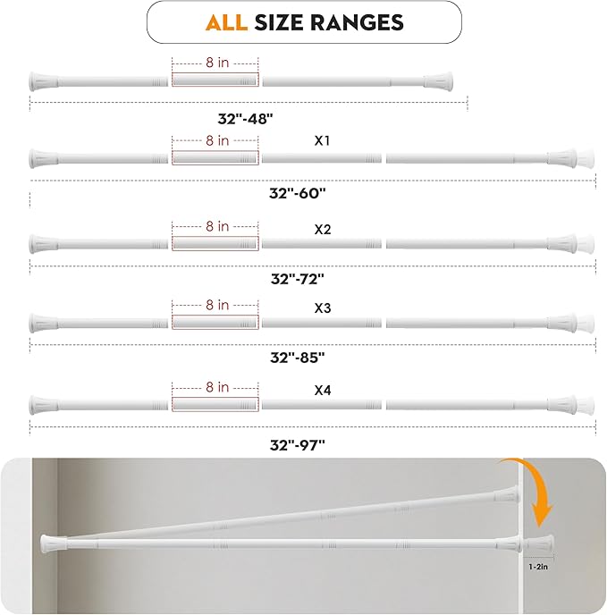 1.1 Inch Diameter Tension Closet Rods for Hanging Clothes 32-97 Inch, Adjustable Pole Closet to Hang Clothes, Heavy Duty Closet bar for Wardrobes with No Drilling Holder, White