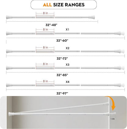 1.1 Inch Diameter Tension Closet Rods for Hanging Clothes 32-85 Inch, Adjustable Pole Closet to Hang Clothes, Heavy Duty Closet bar for Wardrobes with No Drilling Holder, White