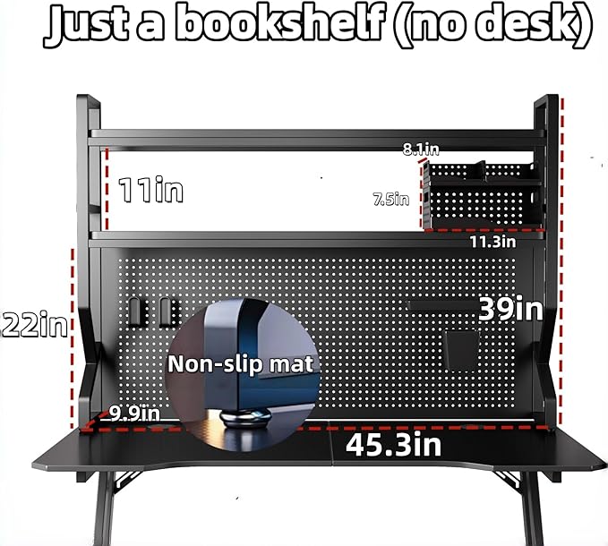 Desktop Hutch Bookshelf,Many Gifts,Metal Desktop Bookcase with pegboard, Desk Shelf Black, Countertop Storage Organizer Rack for Dorm or Office,Desktop Shelves(Black, 45.3" Lx9.9 Wx39 H)
