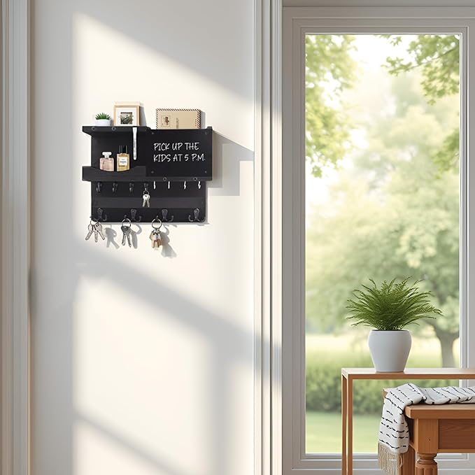 Key Holder for Wall Mount with Shelf and Mail Organizer, Key and Mail Holder with 16 Hooks, Farmhouse Entryway Organizer, Home Decor Rack (Pine Wood, Black)