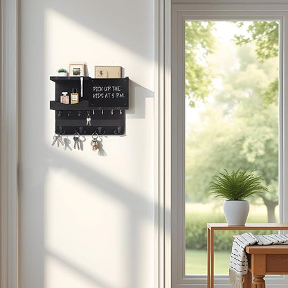 Key Holder for Wall Mount with Shelf and Mail Organizer, Key and Mail Holder with 16 Hooks, Farmhouse Entryway Organizer, Home Decor Rack (Pine Wood, Black)