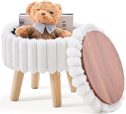 Wimarsbon Storage Ottoman, Modern Round Footrest with Soft Padded Seat, Teddy Velvet Footstool with Wood Legs, Accent Small Table or Plant Stand for Hallway, Living Room (White)